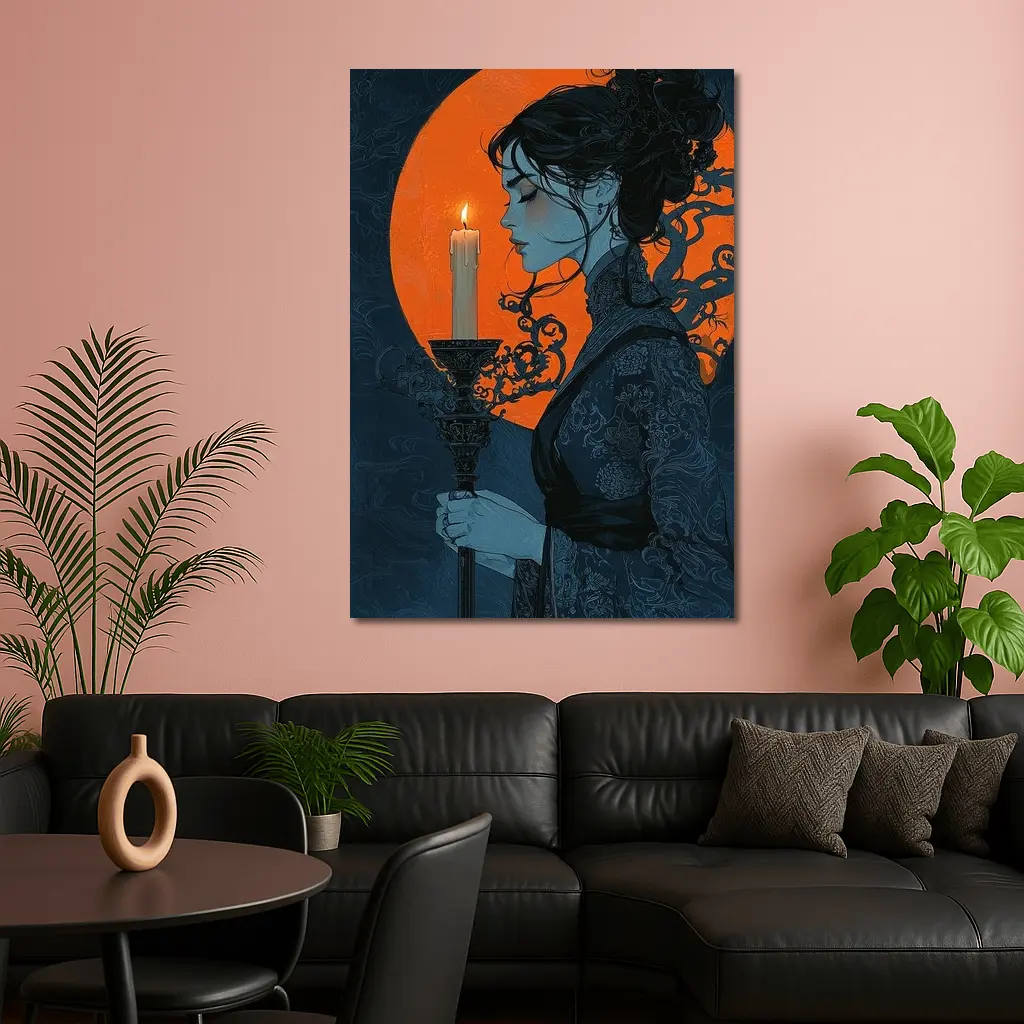 Woman Holding Candle Orange Moon Night – Wall Art