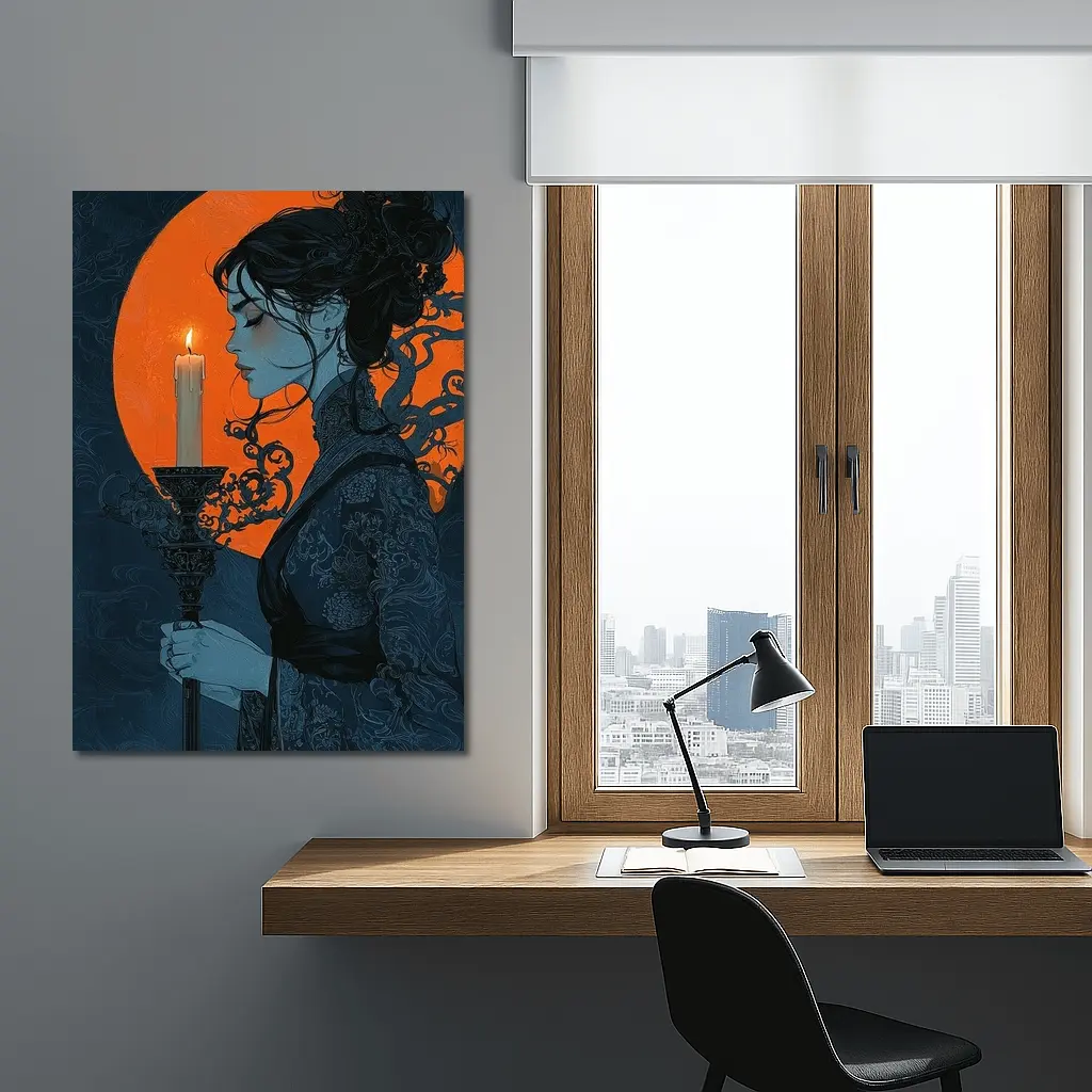 Woman Holding Candle Orange Moon Night – Wall Art