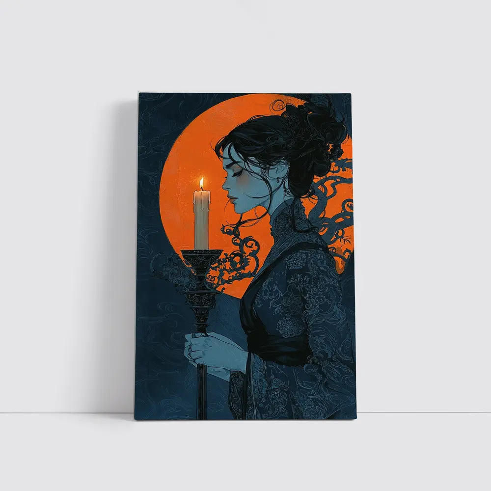 Woman Holding Candle Orange Moon Night – Wall Art