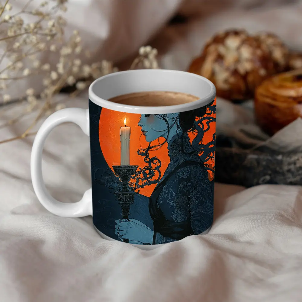 Woman Holding Candle Orange Moon Night – Mugs