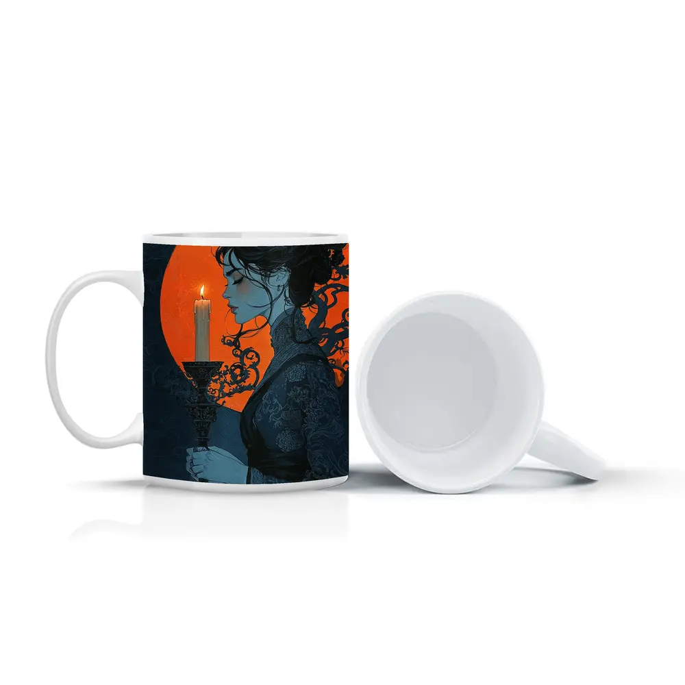 Woman Holding Candle Orange Moon Night – Mugs
