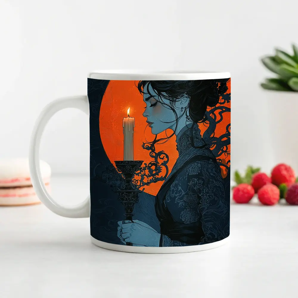 Woman Holding Candle Orange Moon Night – Mugs