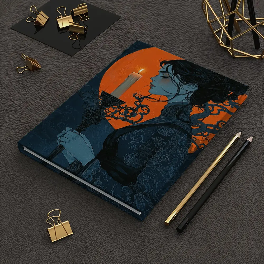 Woman Holding Candle Orange Moon Night – Notebooks