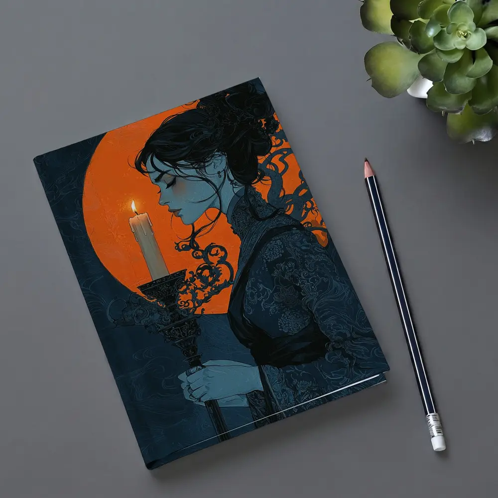 Woman Holding Candle Orange Moon Night – Notebooks