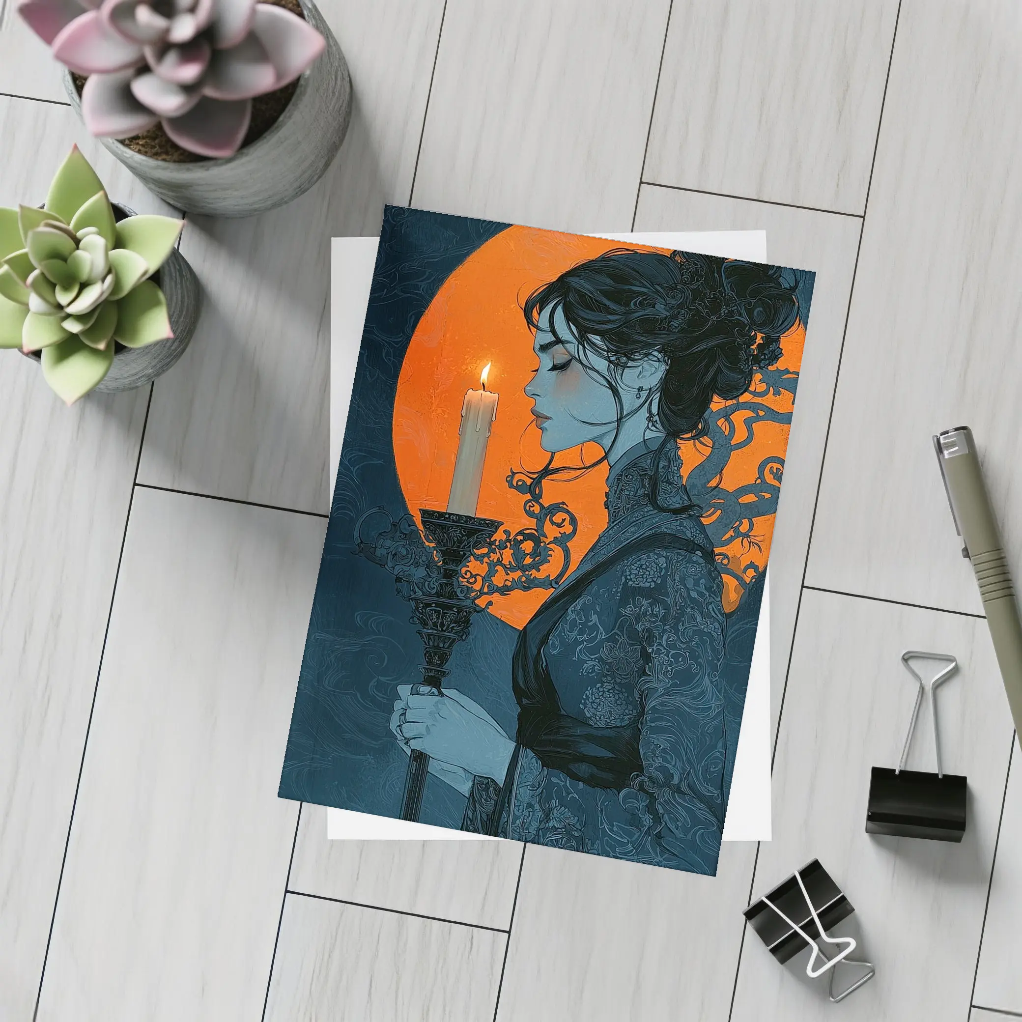 Woman Holding Candle Orange Moon Night – Postcards
