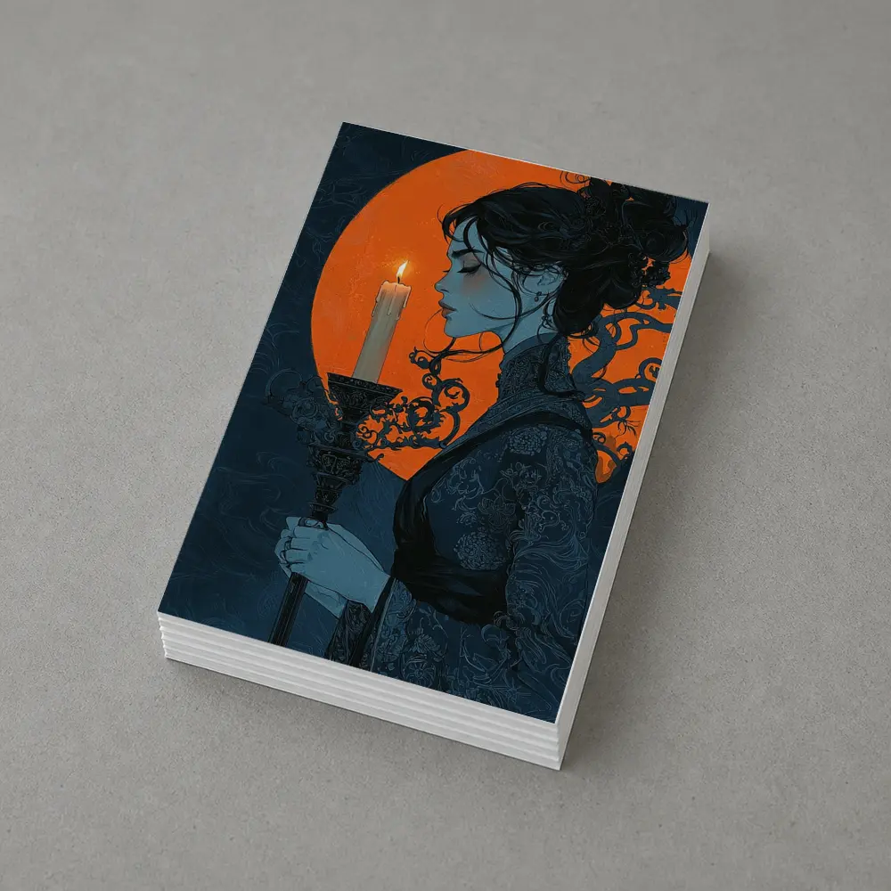 Woman Holding Candle Orange Moon Night – Postcards