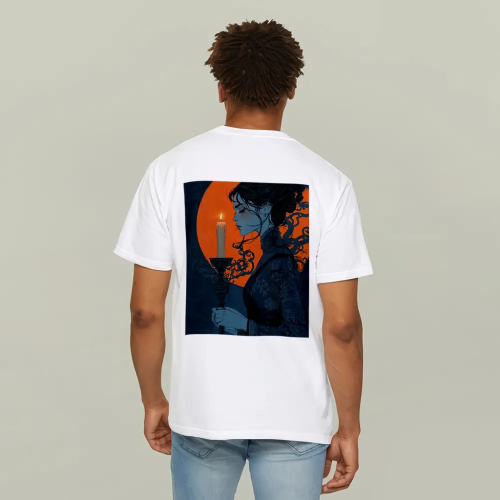 Woman Holding Candle Orange Moon Night – T-Shirts