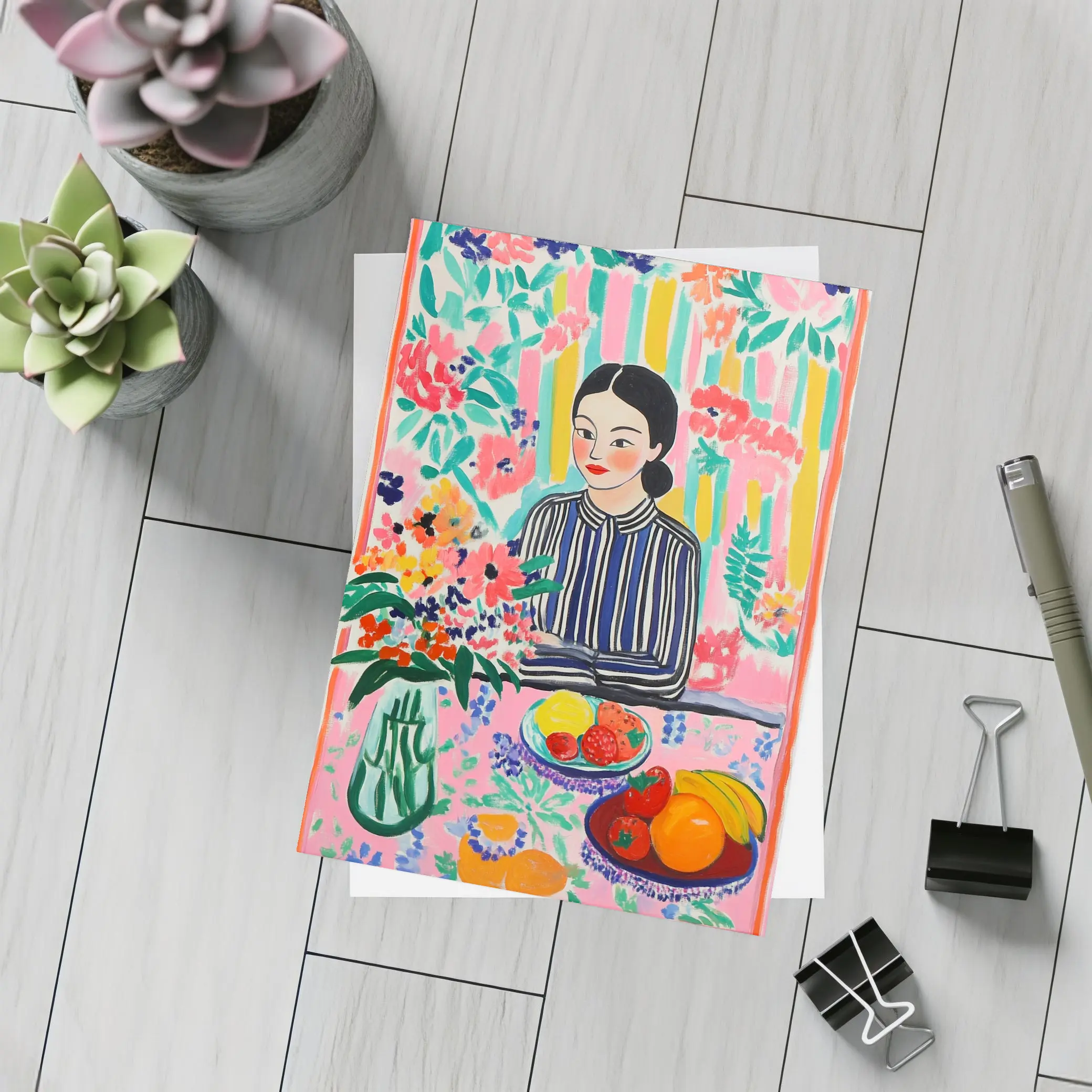 Woman With Fruit Bowl Floral Matisse Style – Postcards