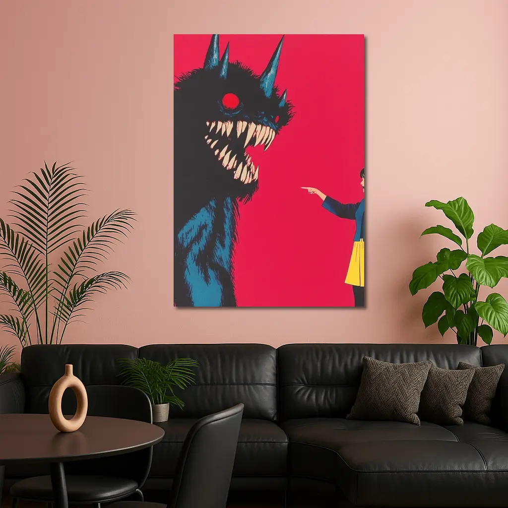Girl Confronting Monster Anime Red Background – Wall Art