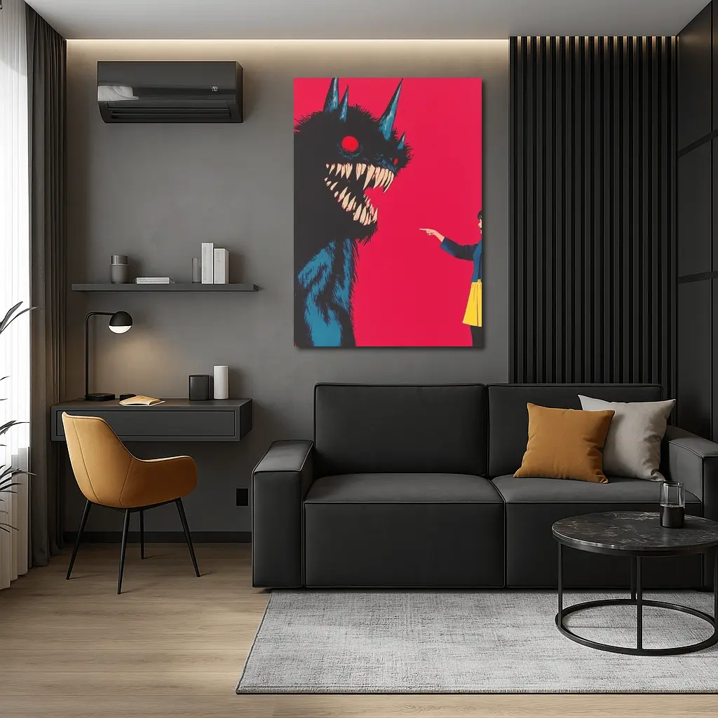 Girl Confronting Monster Anime Red Background – Wall Art