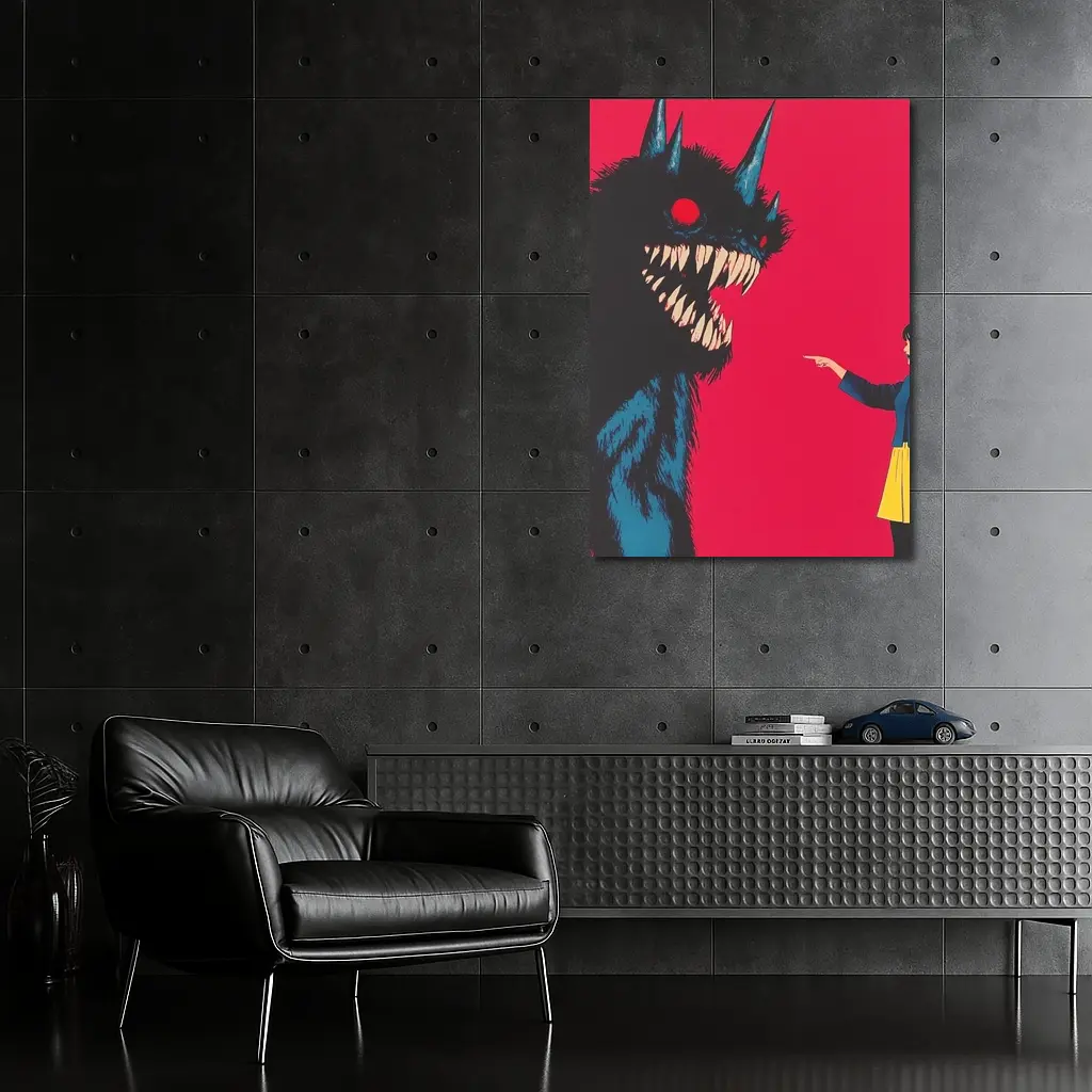 Girl Confronting Monster Anime Red Background – Wall Art