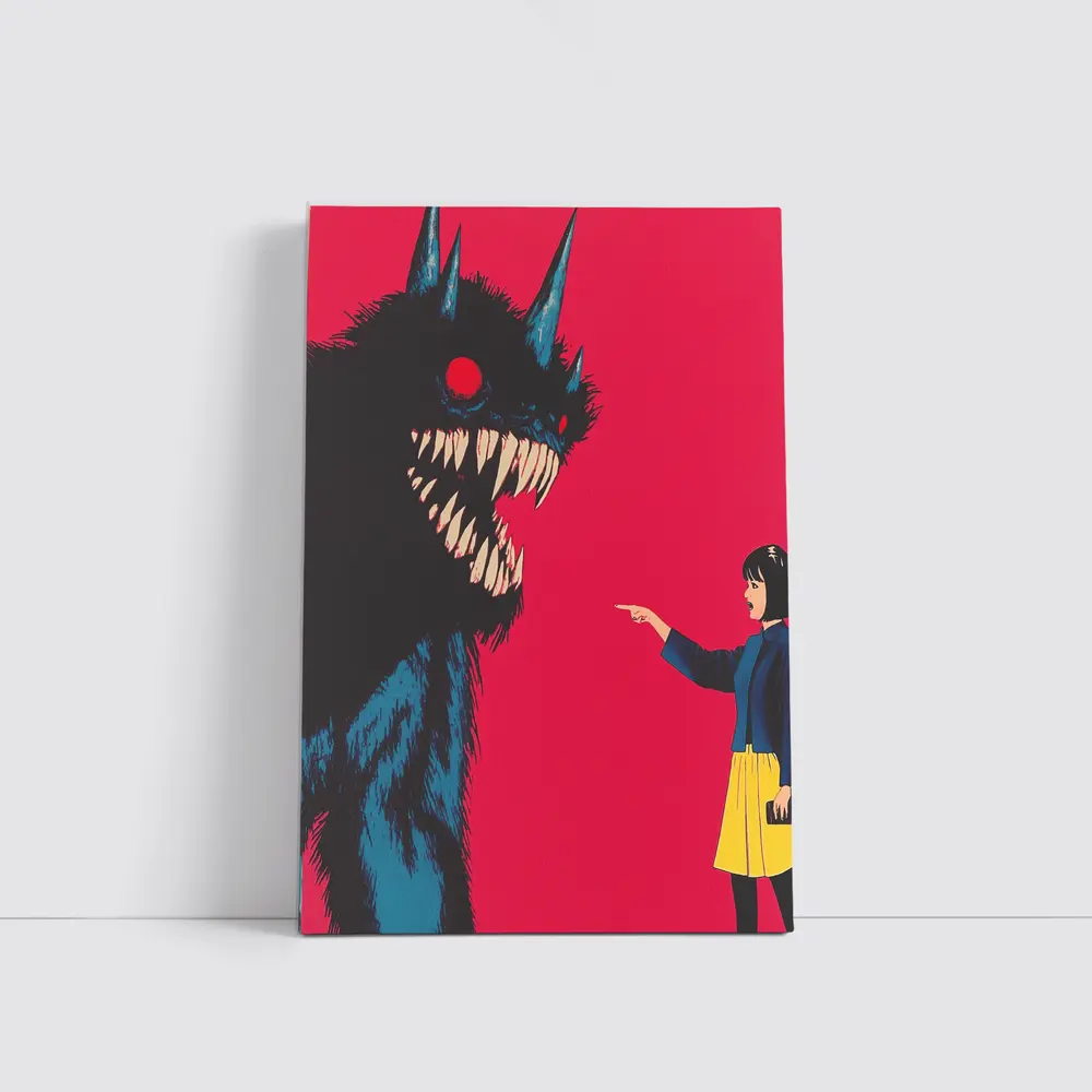 Girl Confronting Monster Anime Red Background – Wall Art