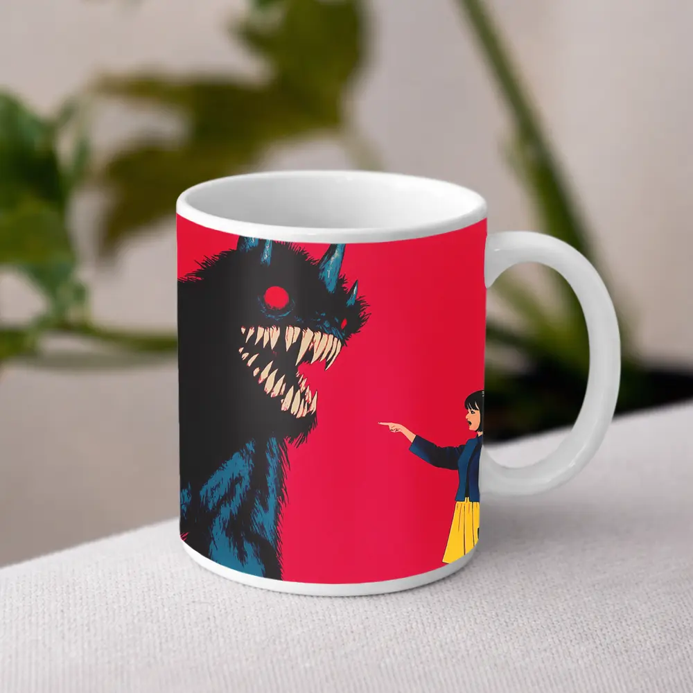 Girl Confronting Monster Anime Red Background – Mugs