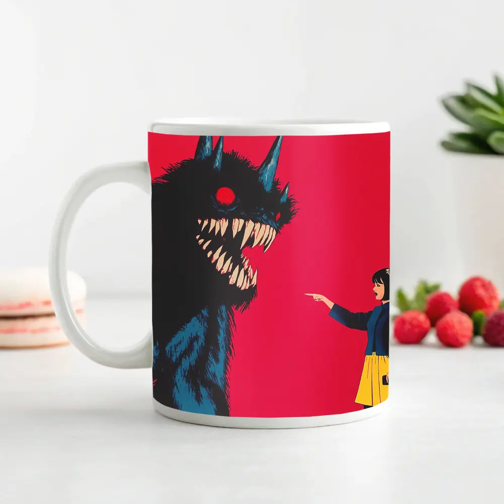 Girl Confronting Monster Anime Red Background – Mugs