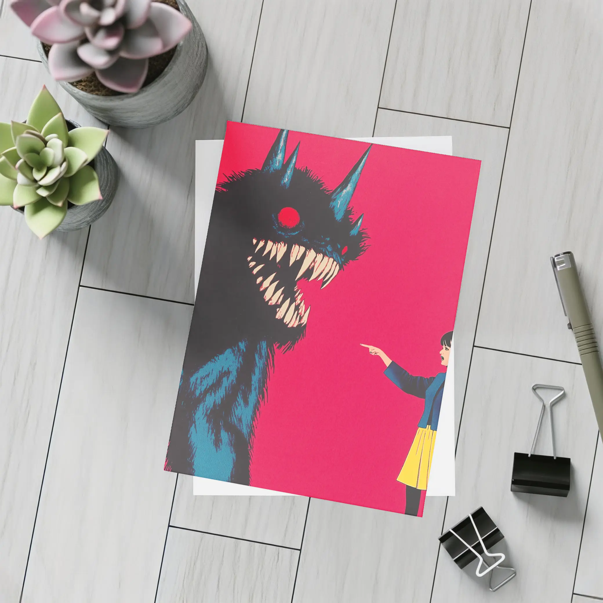 Girl Confronting Monster Anime Red Background – Postcards