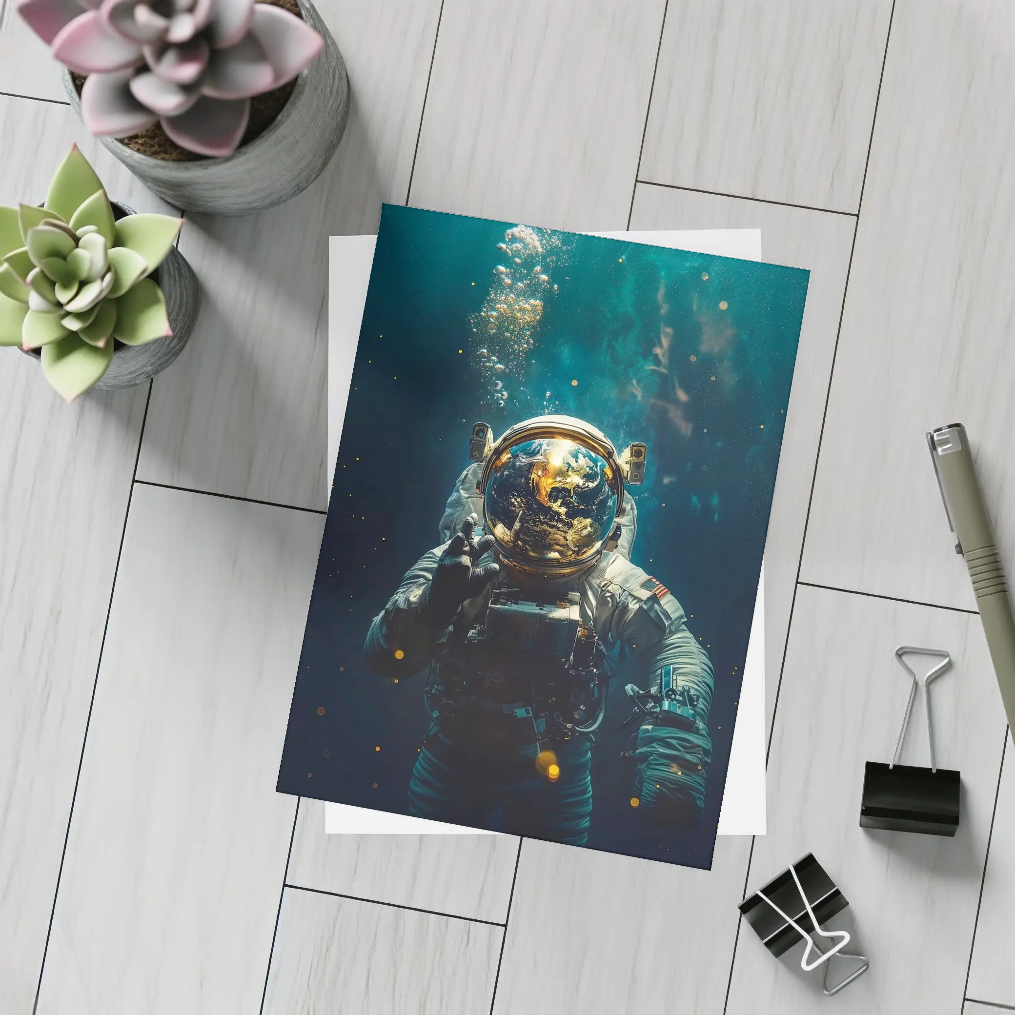 Astronaut Floating Underwater Earth Reflection – Postcards