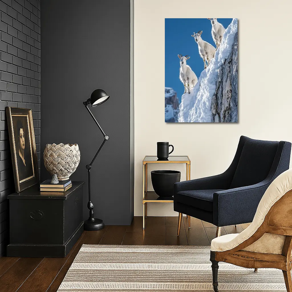 Mountain Goats Climbing Snowy Rocky Cliff – Wall Art
