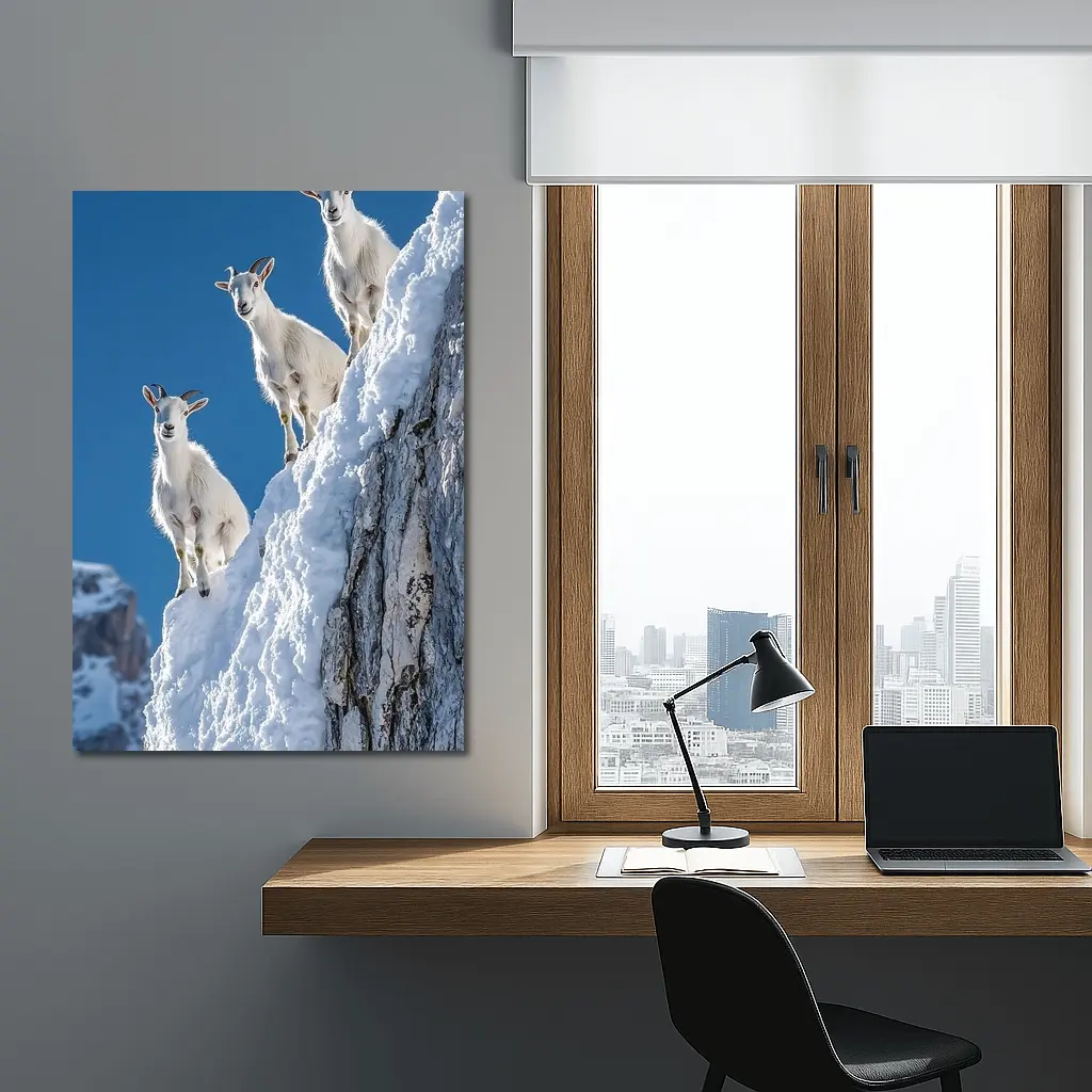 Mountain Goats Climbing Snowy Rocky Cliff – Wall Art