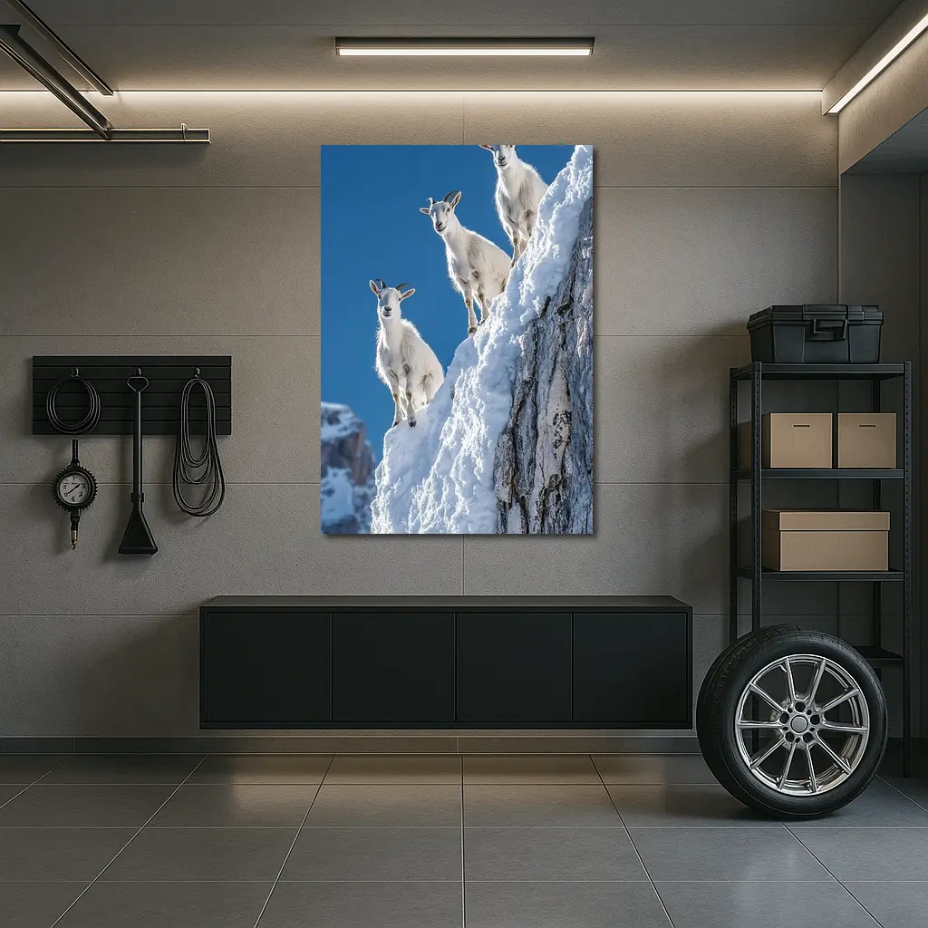 Mountain Goats Climbing Snowy Rocky Cliff – Wall Art