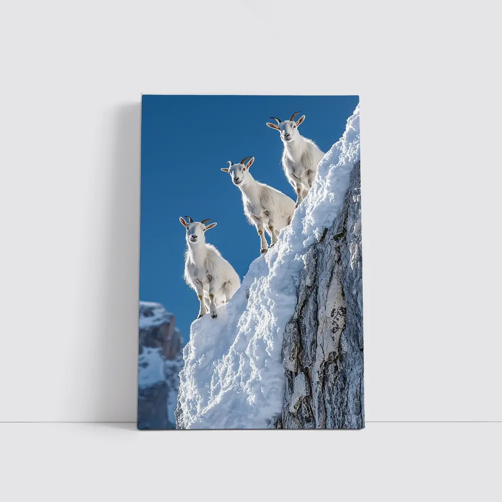 Mountain Goats Climbing Snowy Rocky Cliff – Wall Art
