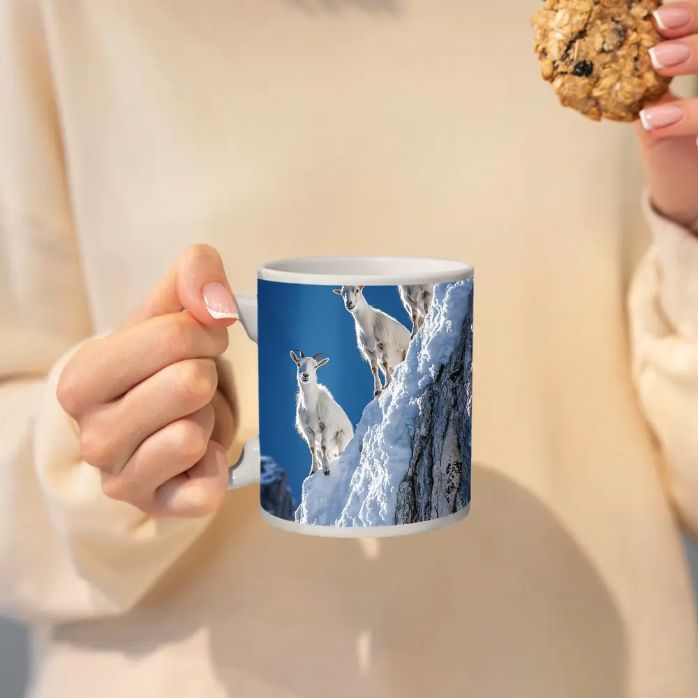 Mountain Goats Climbing Snowy Rocky Cliff – Mugs