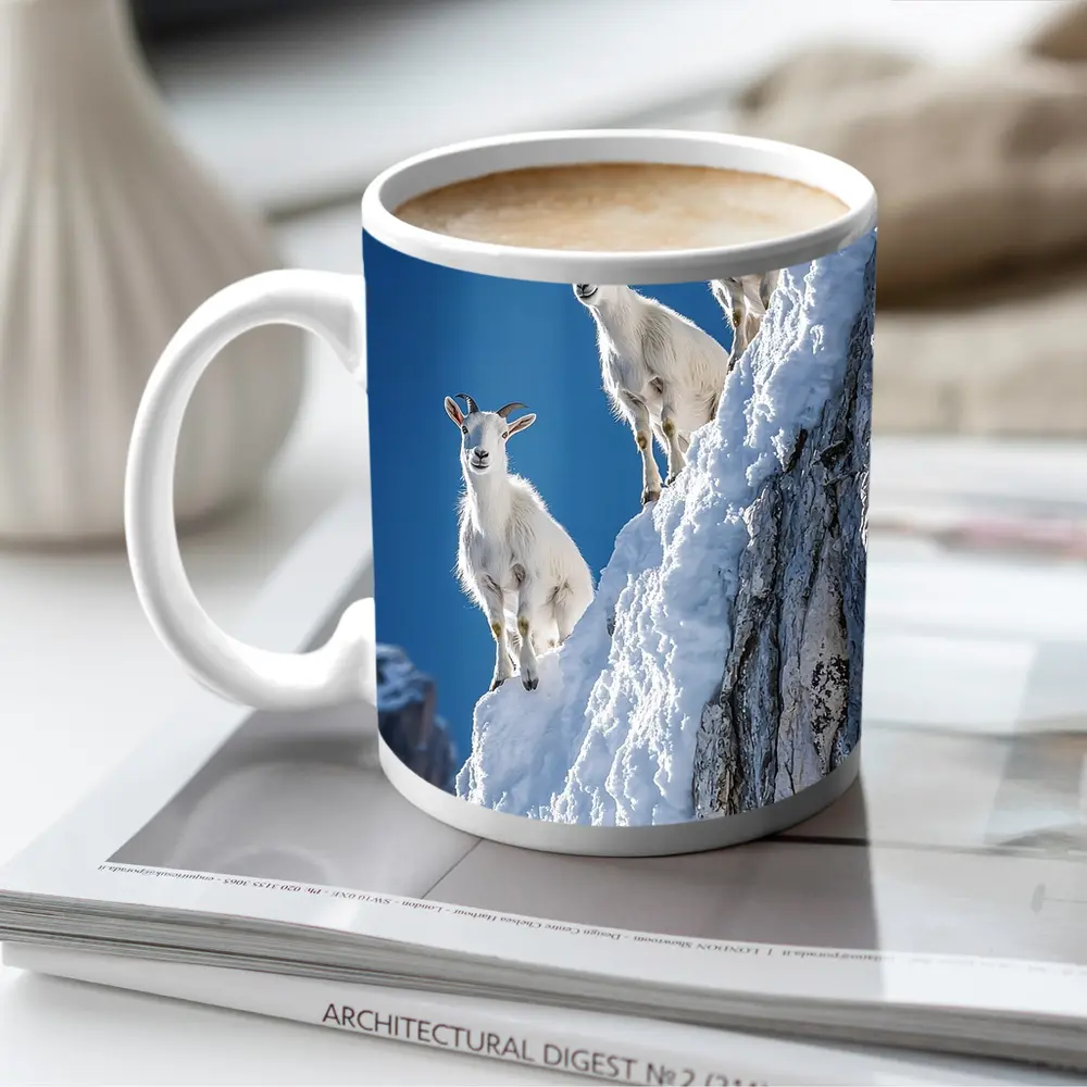Mountain Goats Climbing Snowy Rocky Cliff – Mugs