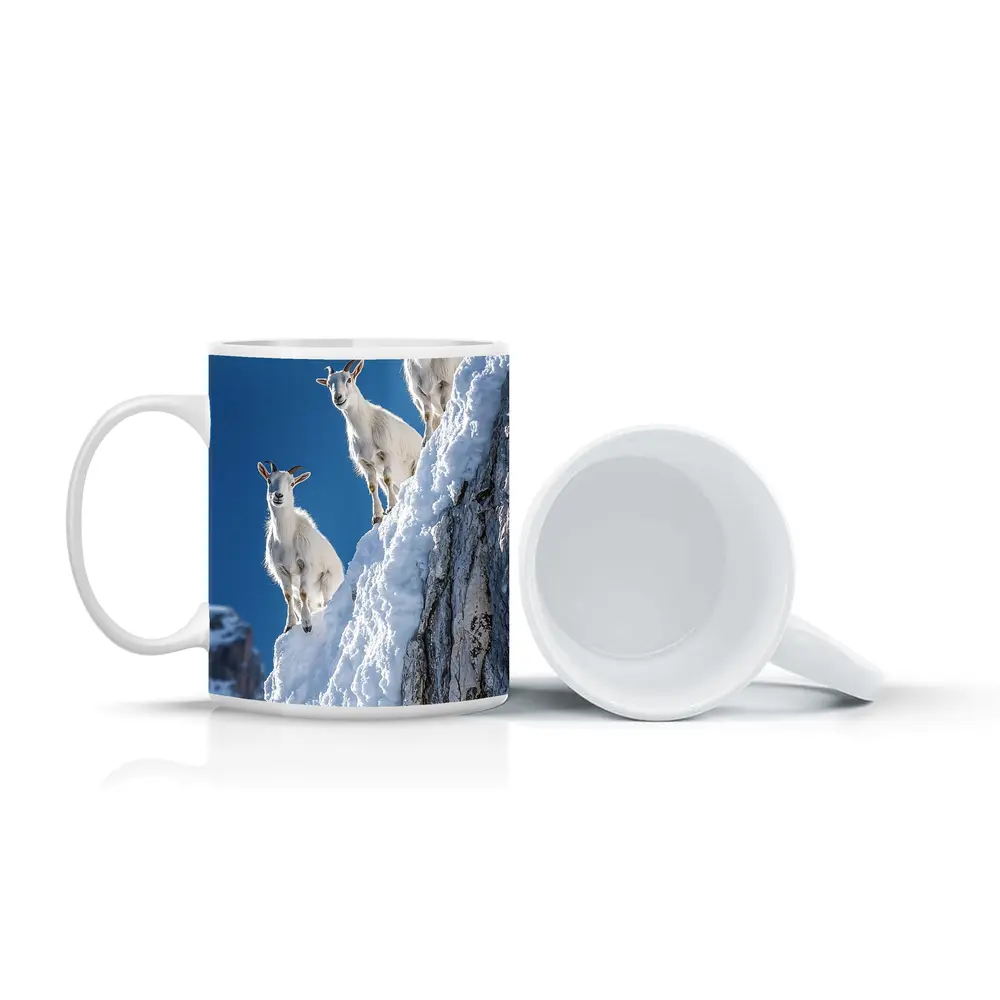 Mountain Goats Climbing Snowy Rocky Cliff – Mugs