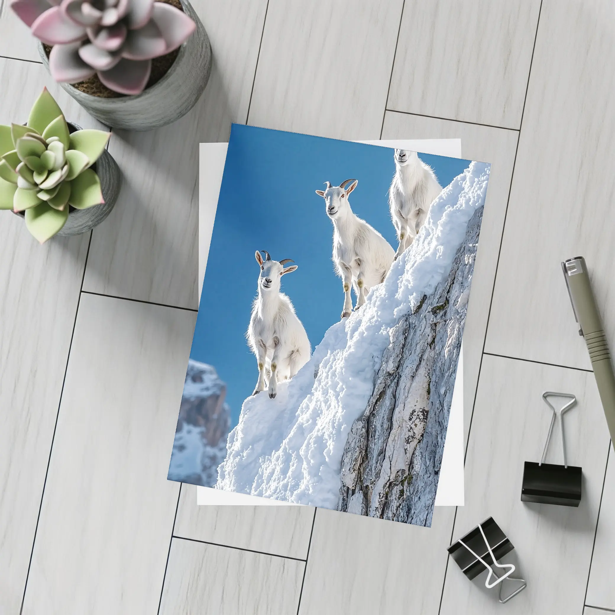 Mountain Goats Climbing Snowy Rocky Cliff – Postcards