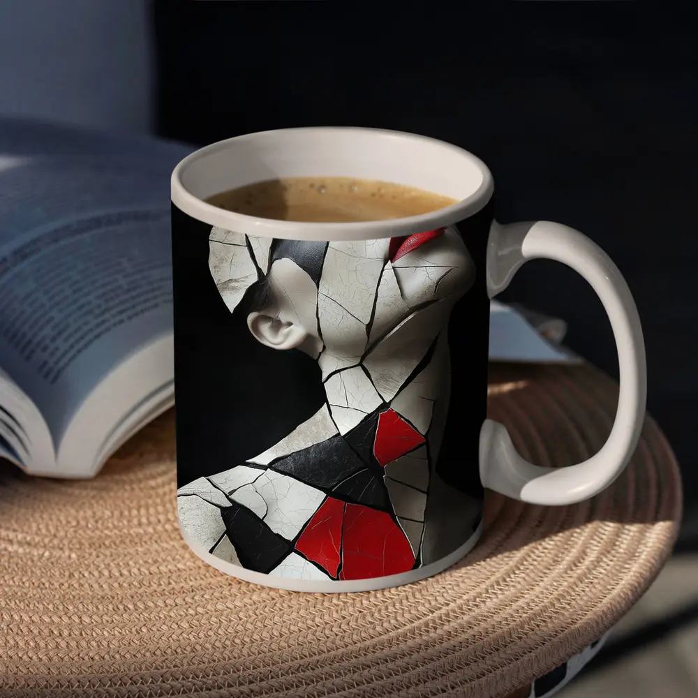 Mosaic Woman Portrait Black White Red – Mugs