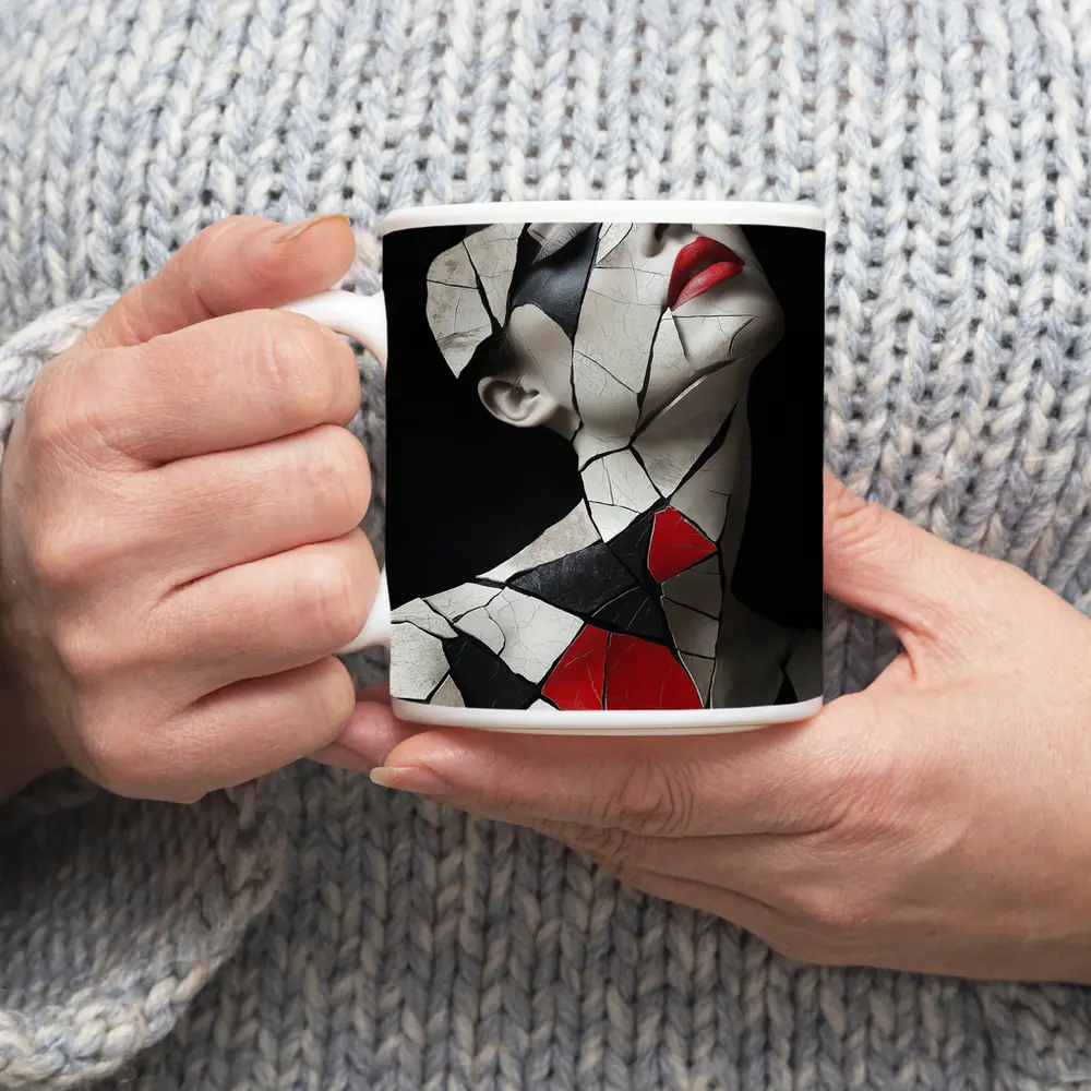 Mosaic Woman Portrait Black White Red – Mugs
