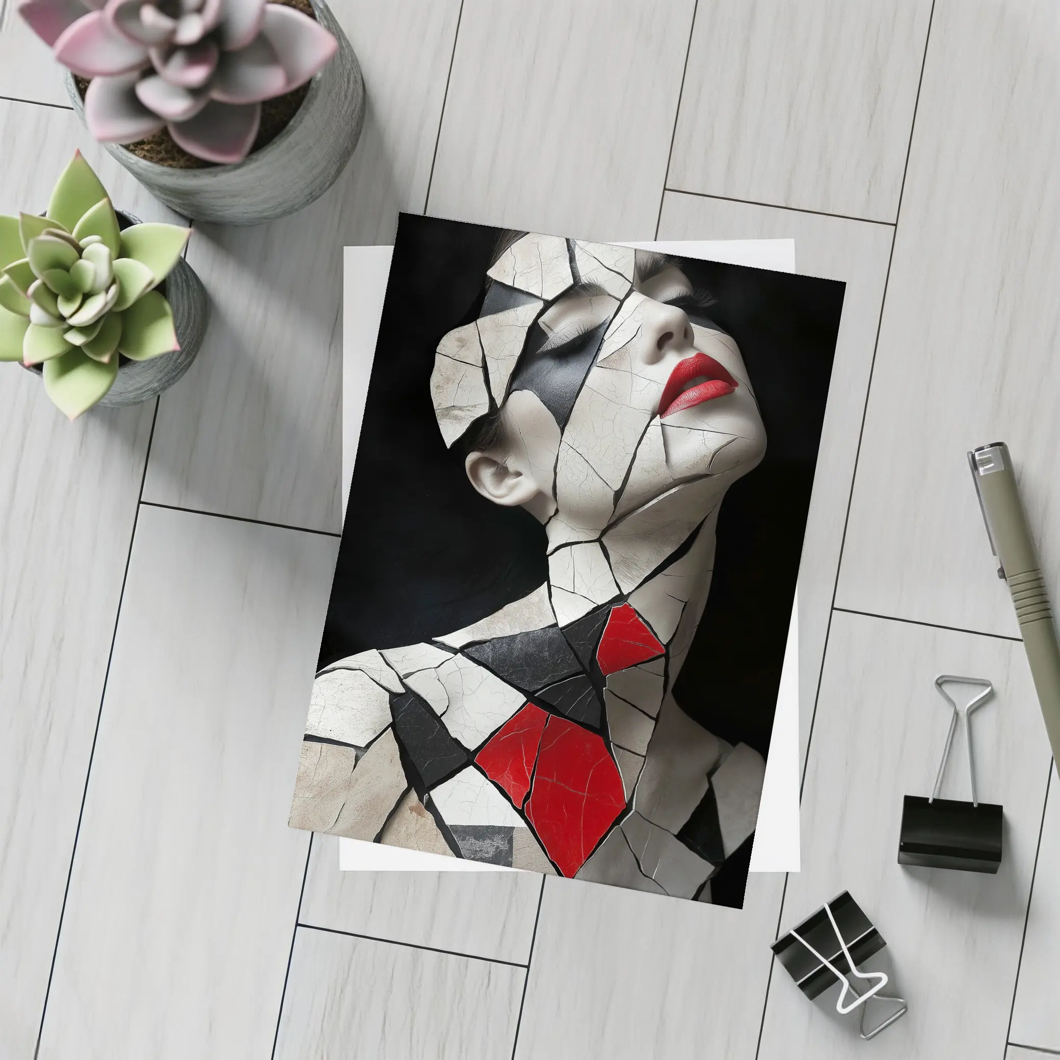 Mosaic Woman Portrait Black White Red – Postcards