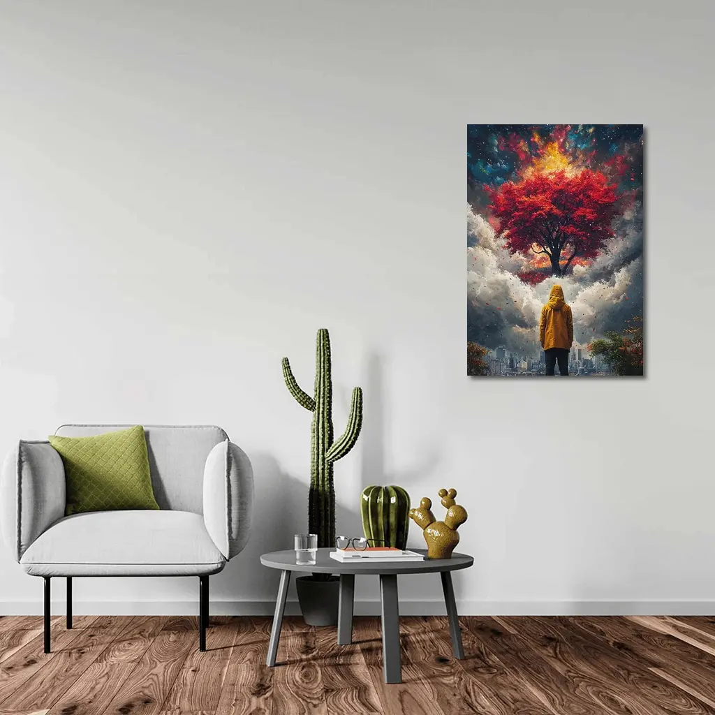 Person Standing Before Red Tree Cosmic Sky – Wall Art
