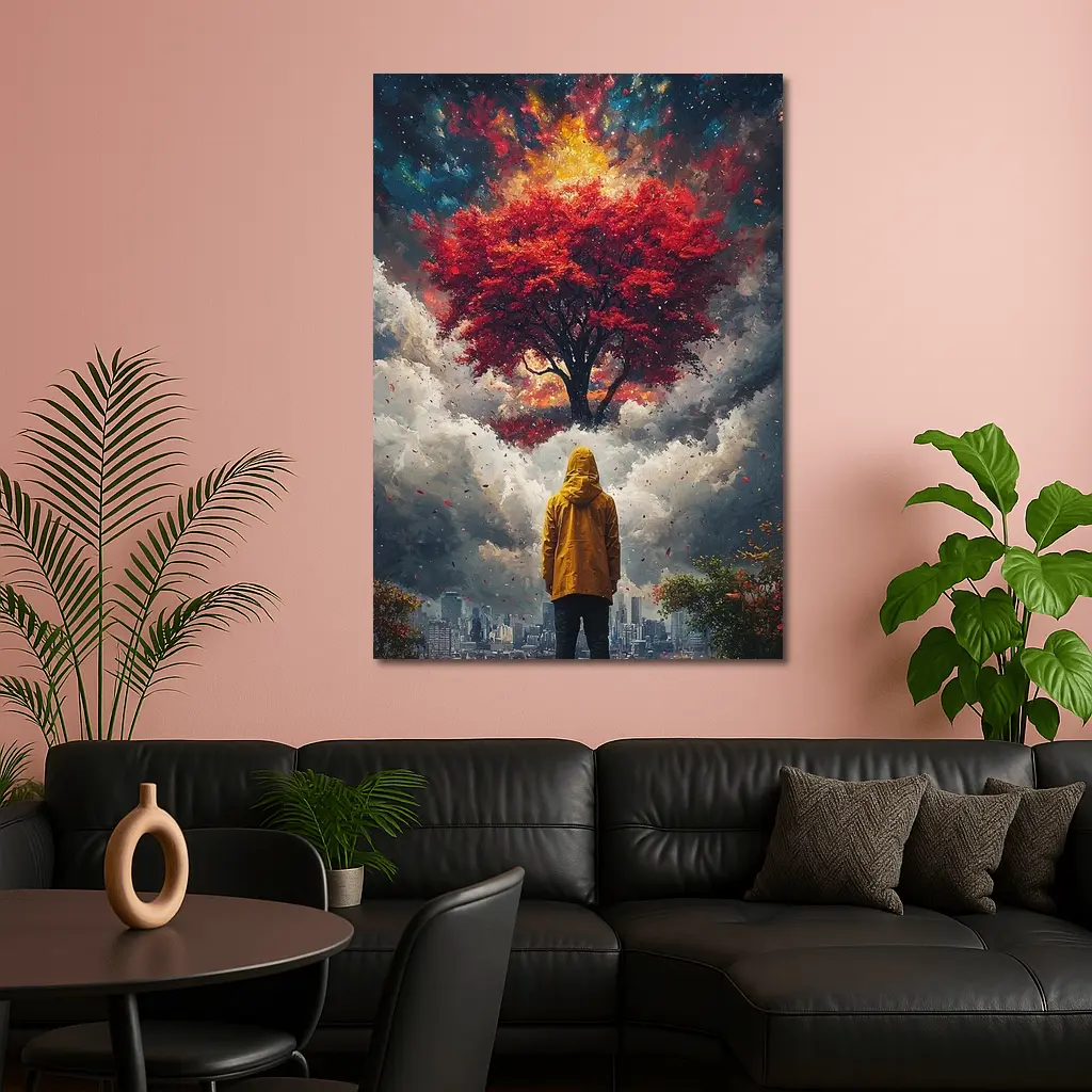Person Standing Before Red Tree Cosmic Sky – Wall Art