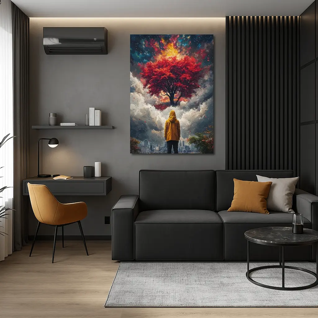 Person Standing Before Red Tree Cosmic Sky – Wall Art