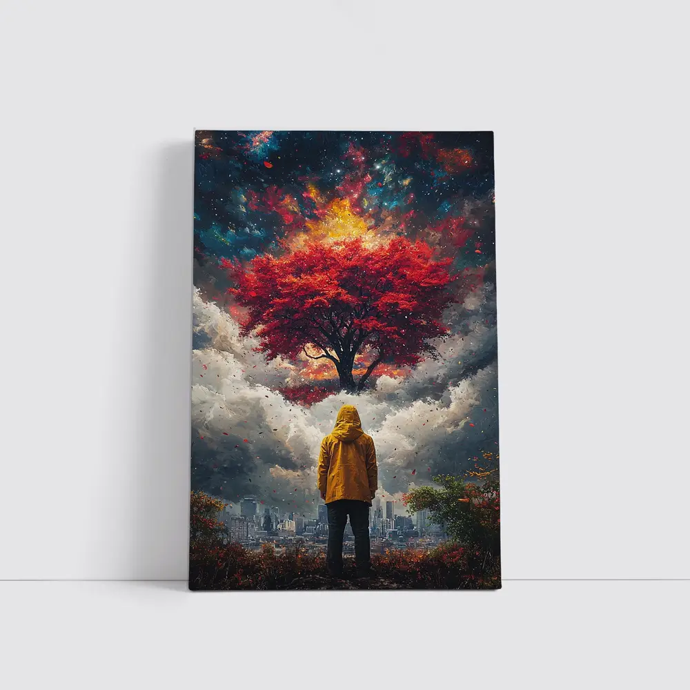 Person Standing Before Red Tree Cosmic Sky – Wall Art