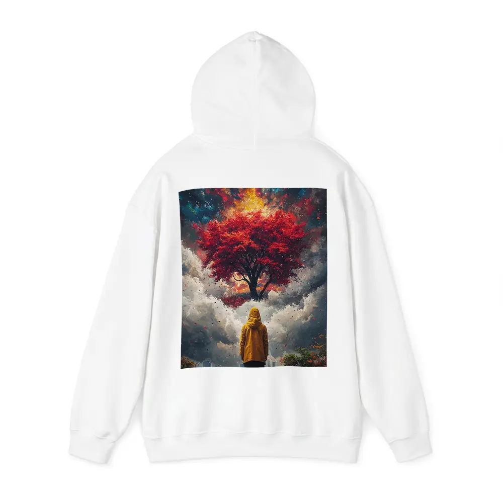 Person Standing Before Red Tree Cosmic Sky – Hoodies