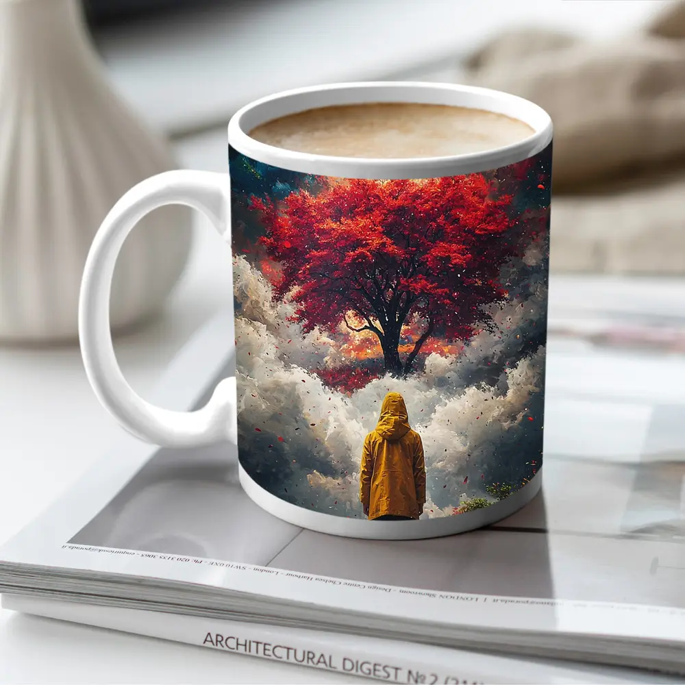 Person Standing Before Red Tree Cosmic Sky – Mugs