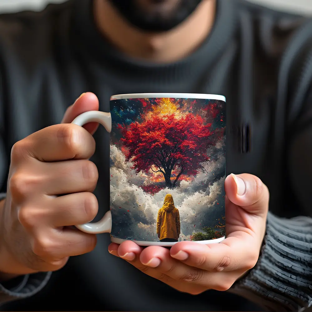 Person Standing Before Red Tree Cosmic Sky – Mugs