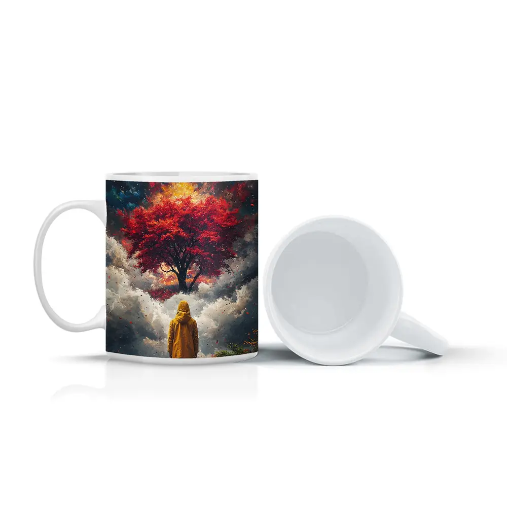Person Standing Before Red Tree Cosmic Sky – Mugs