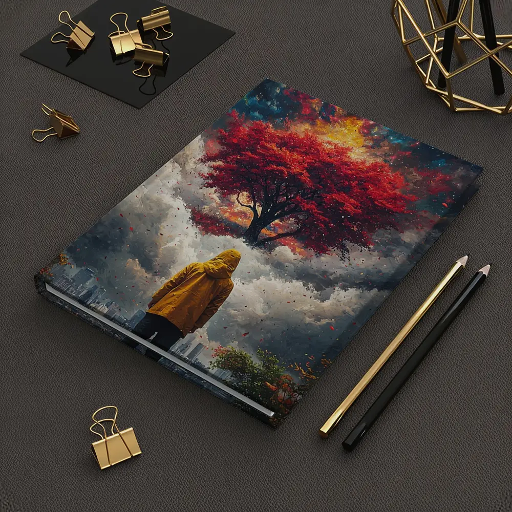 Person Standing Before Red Tree Cosmic Sky – Notebooks
