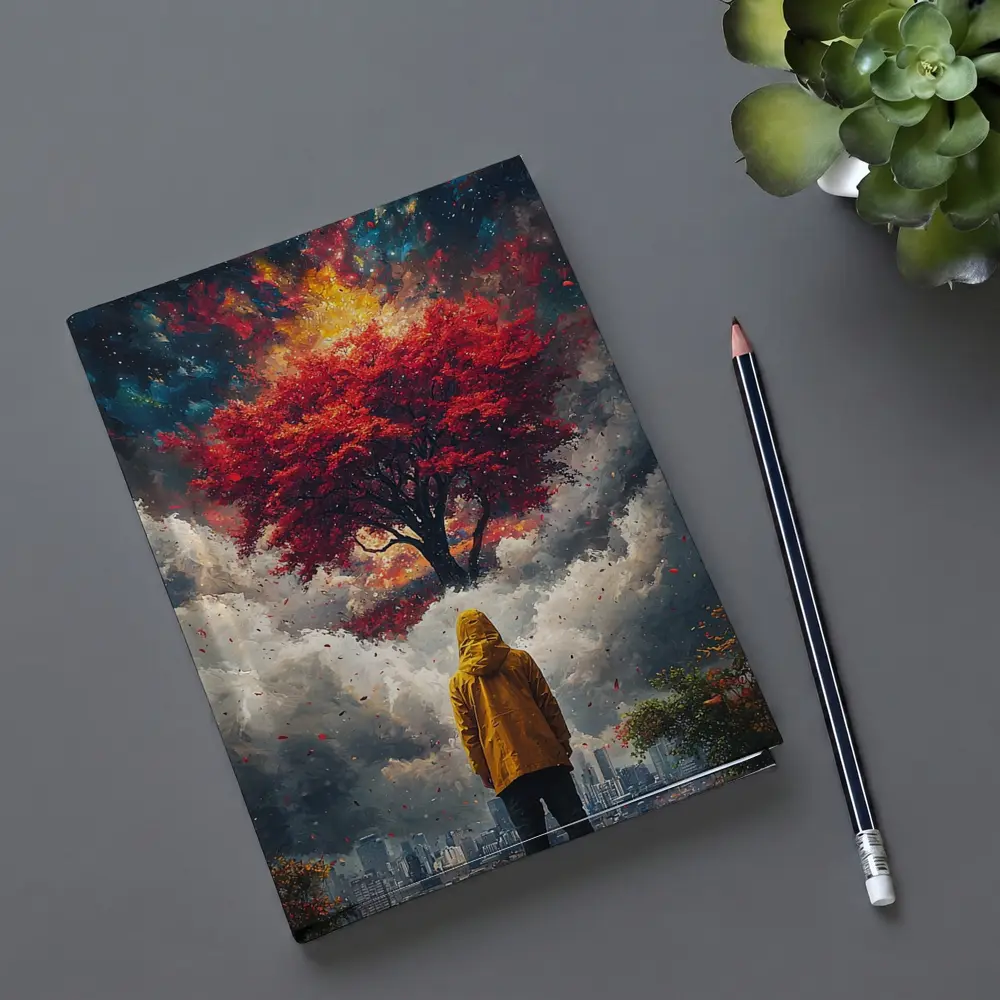 Person Standing Before Red Tree Cosmic Sky – Notebooks
