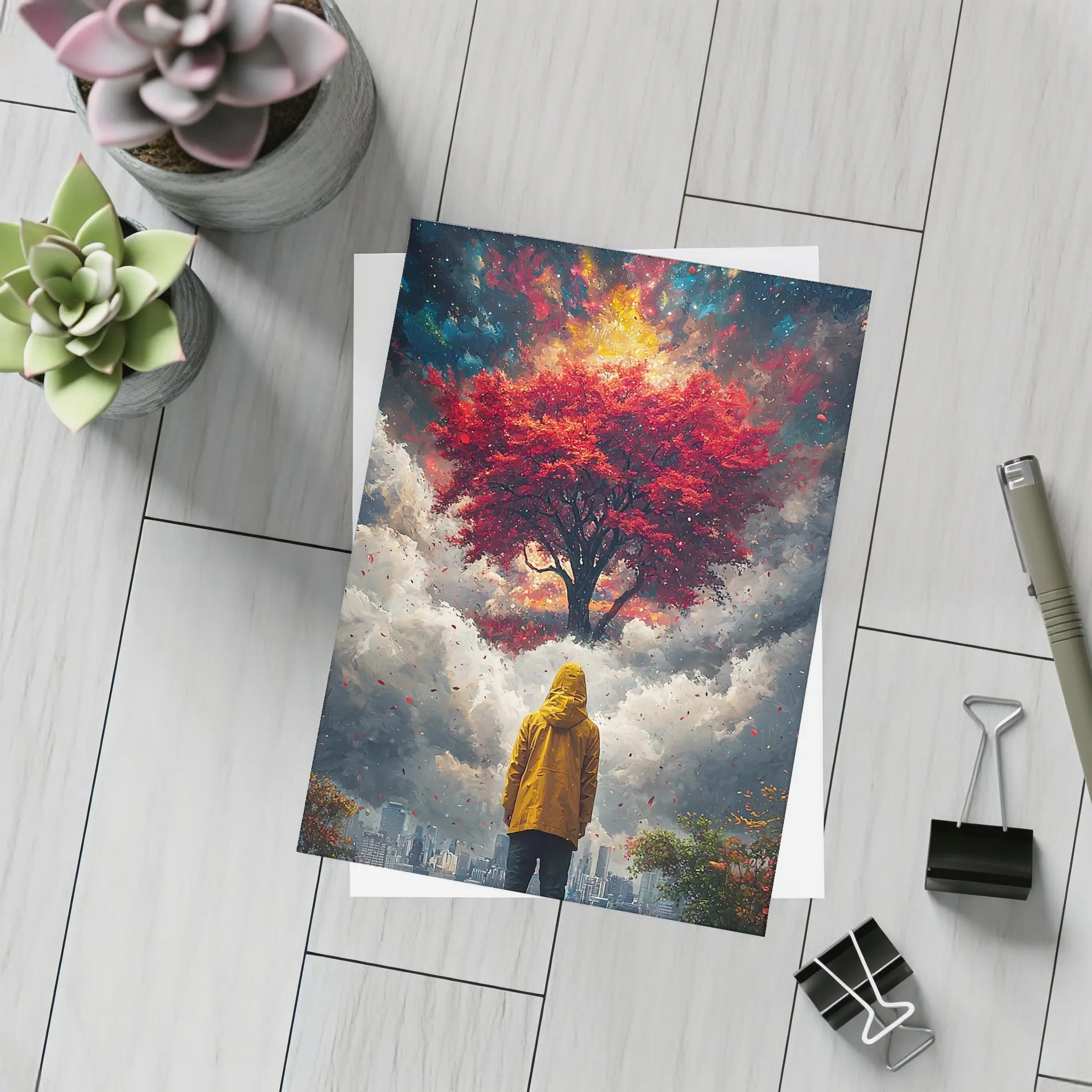 Person Standing Before Red Tree Cosmic Sky – Postcards