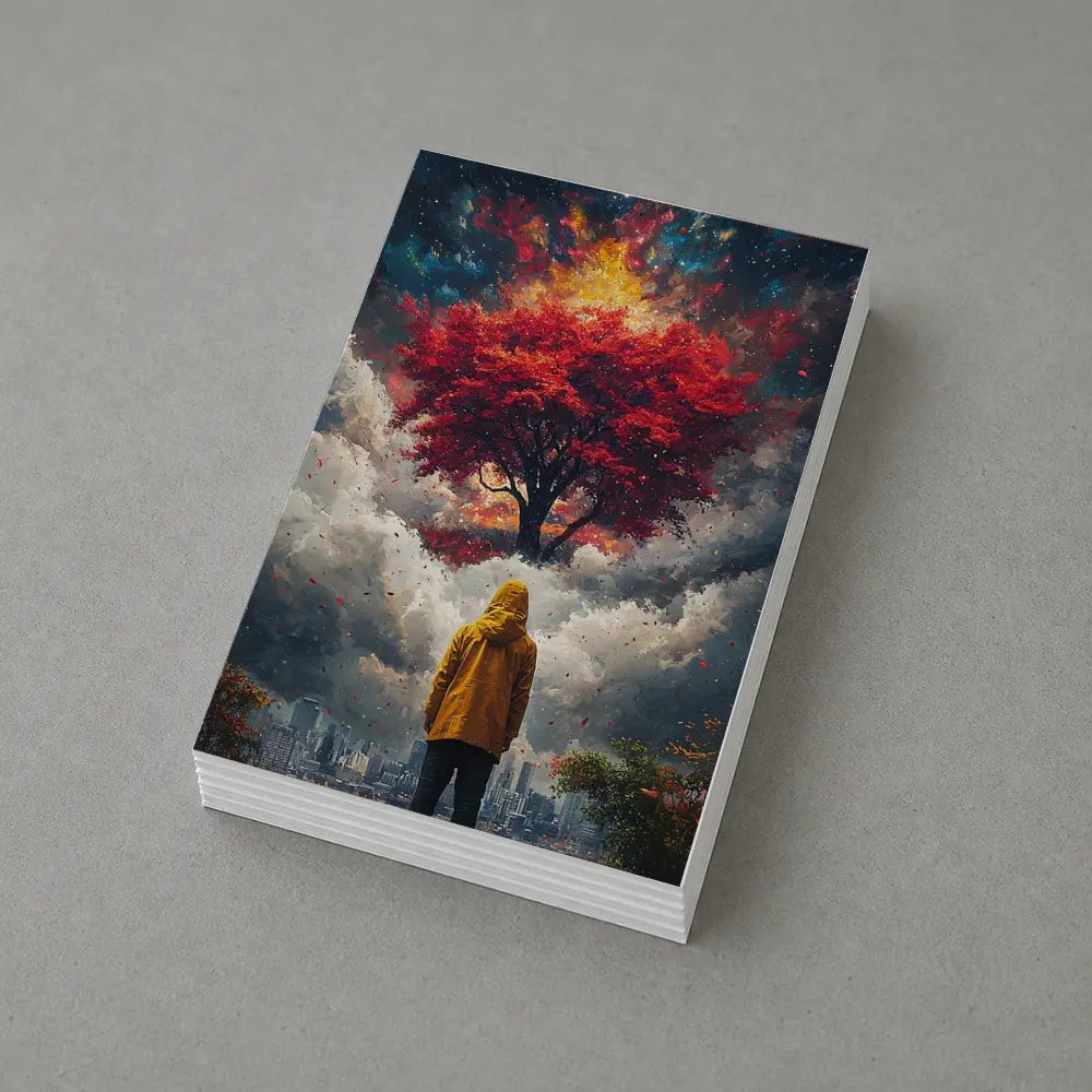 Person Standing Before Red Tree Cosmic Sky – Postcards
