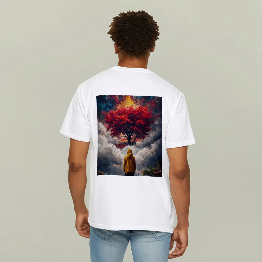 Person Standing Before Red Tree Cosmic Sky – T-Shirts