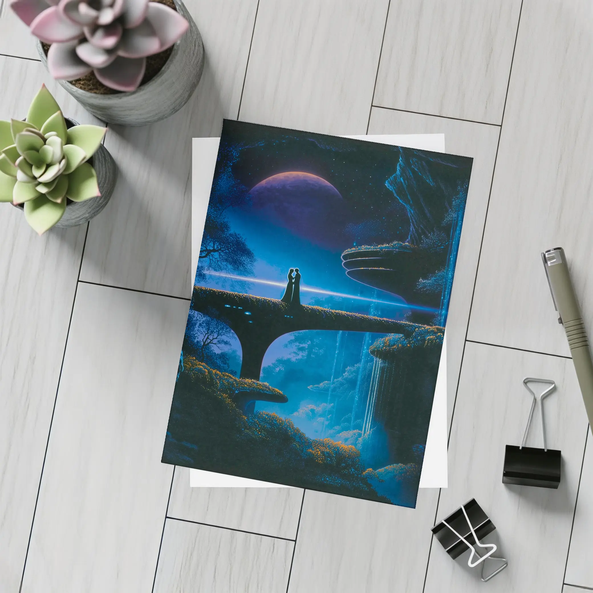 Couple Silhouette Fantasy Blue Alien Landscape – Postcards