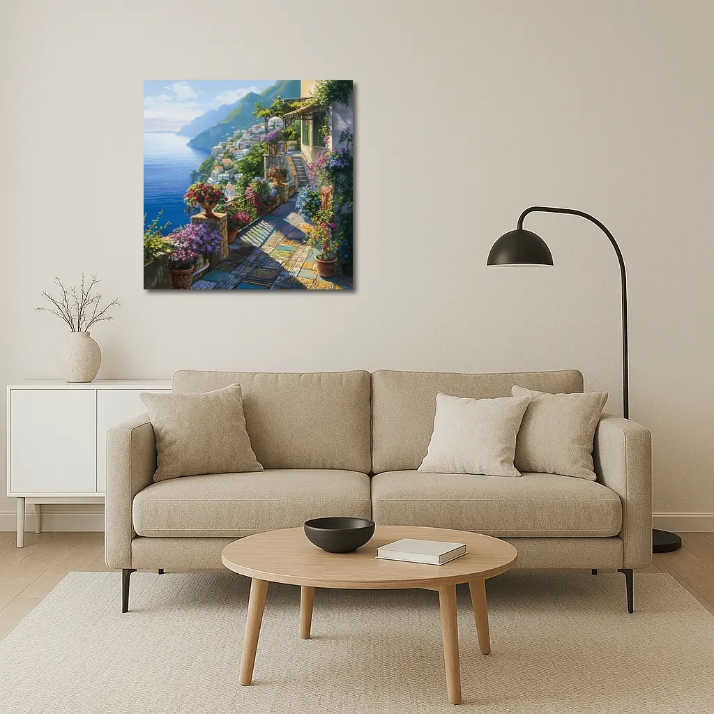 Amalfi Coast Terrace Flowers Mediterranean Painting – Wall Art