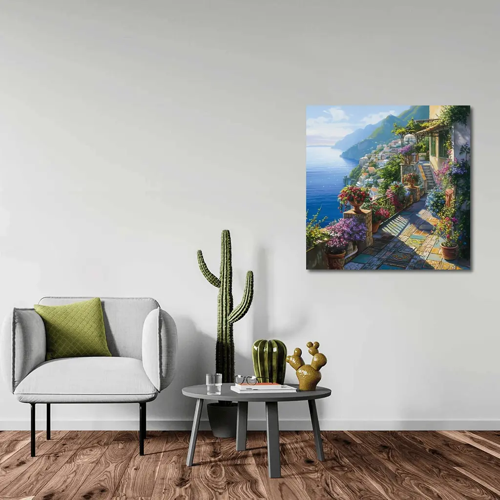 Amalfi Coast Terrace Flowers Mediterranean Painting – Wall Art