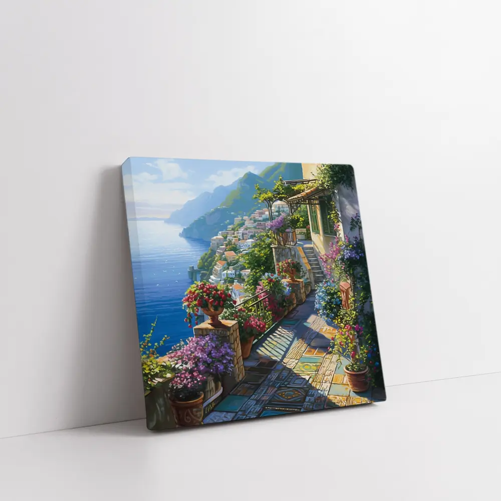 Amalfi Coast Terrace Flowers Mediterranean Painting – Wall Art