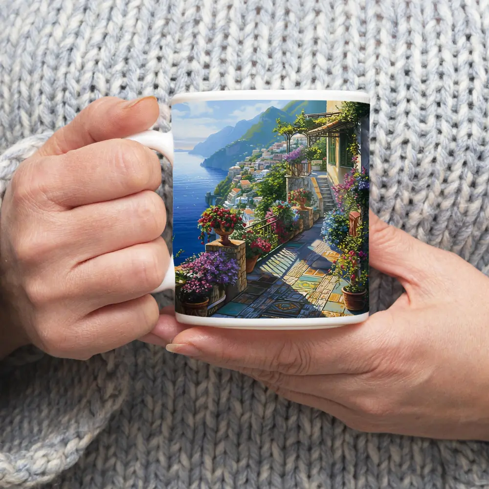 Amalfi Coast Terrace Flowers Mediterranean Painting – Mugs