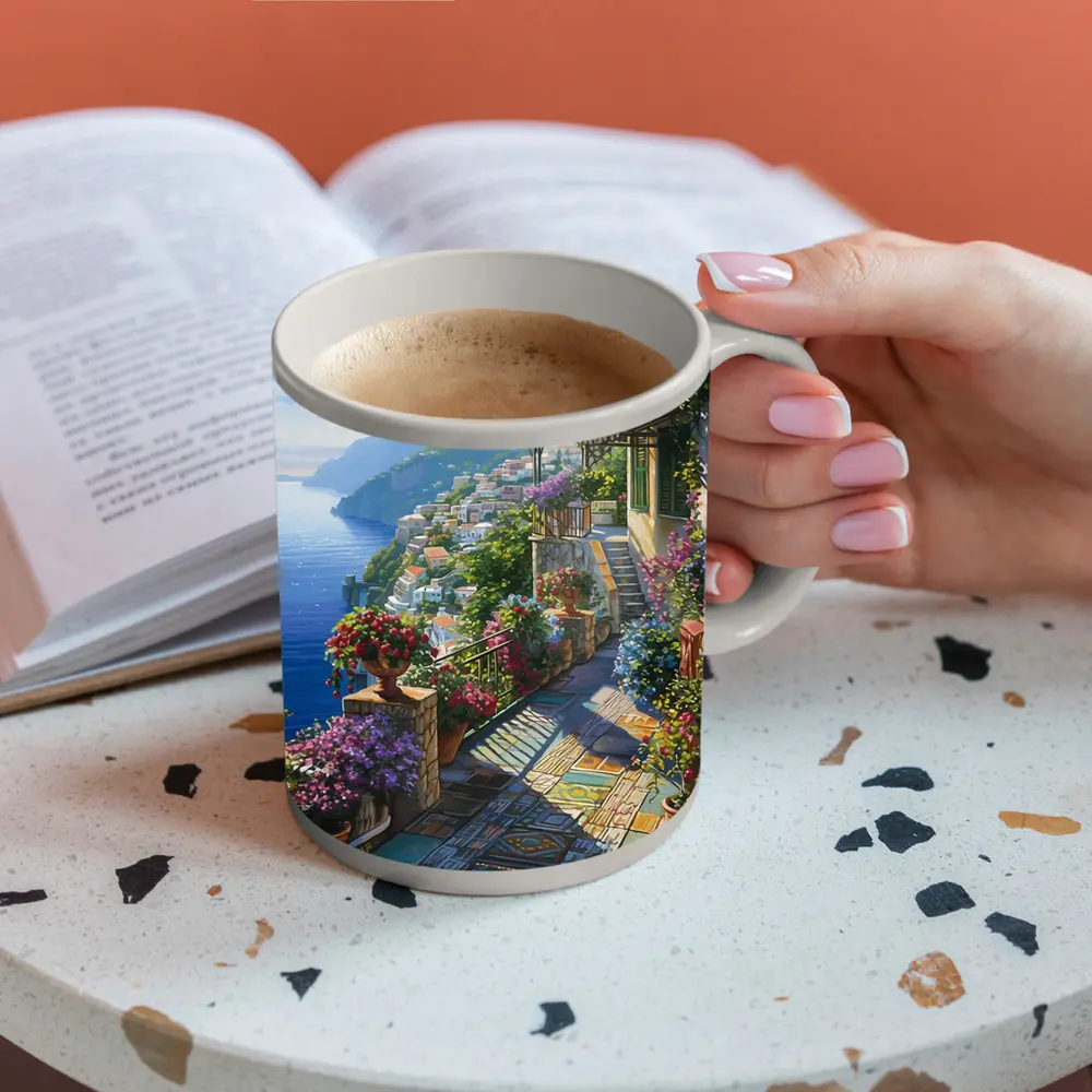Amalfi Coast Terrace Flowers Mediterranean Painting – Mugs